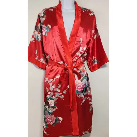 Red Satin Silk Floral Peacock Kimono Robe Wrap Short Sleeve S - Picture 1 of 9